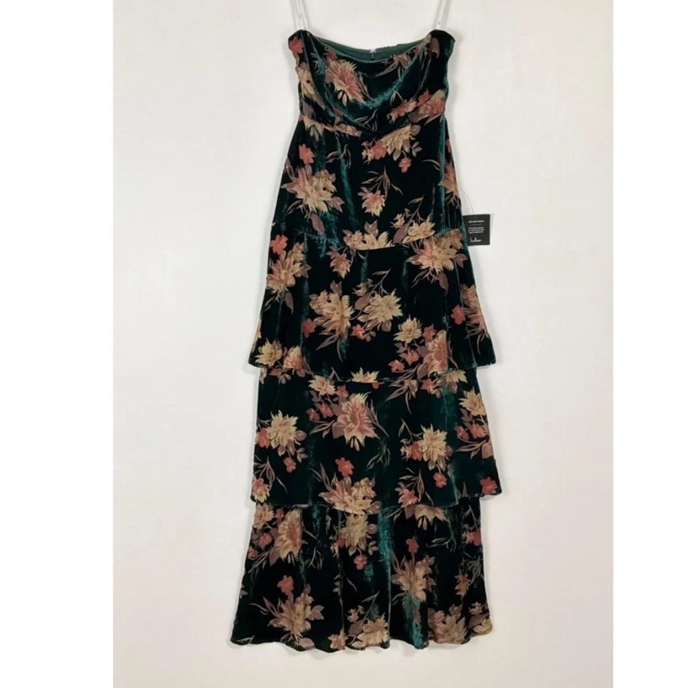 Lulu's Real Allure Floral Burnout Velvet Strapless Maxi Dress in Emerald Med. - Picture 2 of 10
